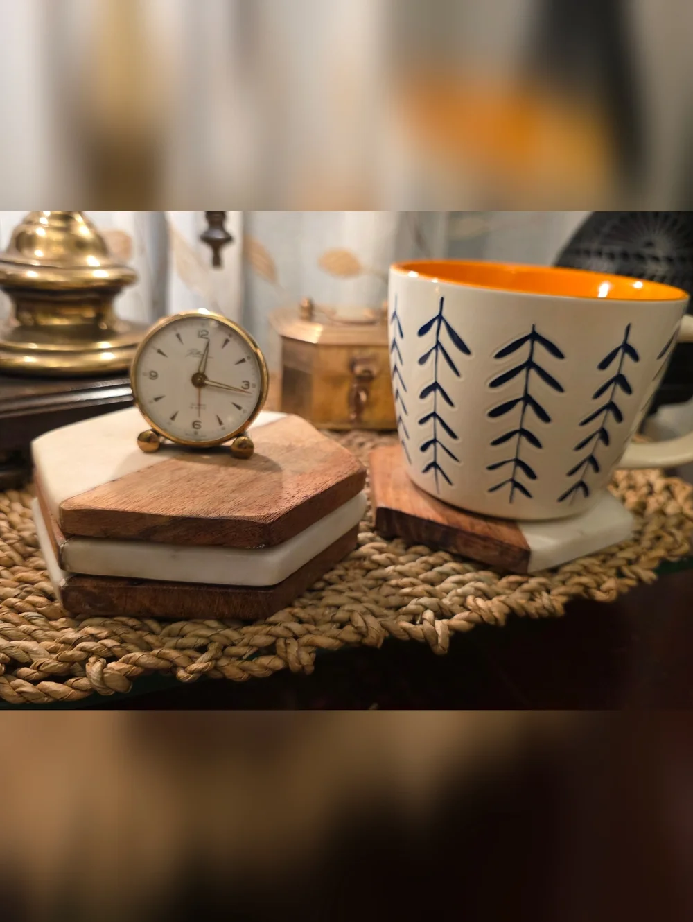 Modern Wood and White Marble Hexagon Coasters | Set of 4 | India